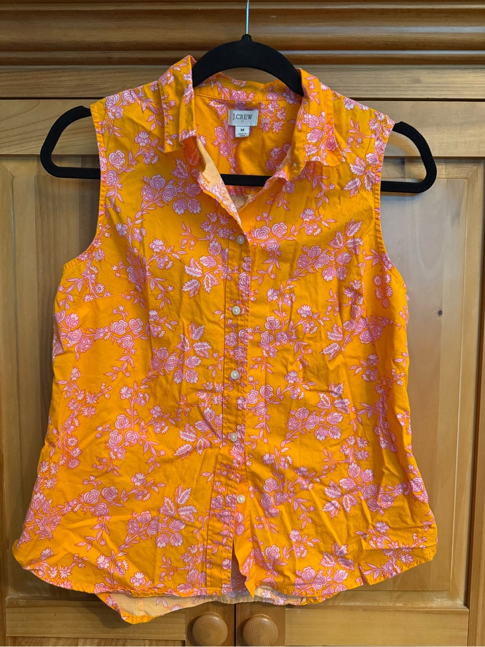J. Crew Orange Sleeveless Button-Down Top with Pink Floral Print